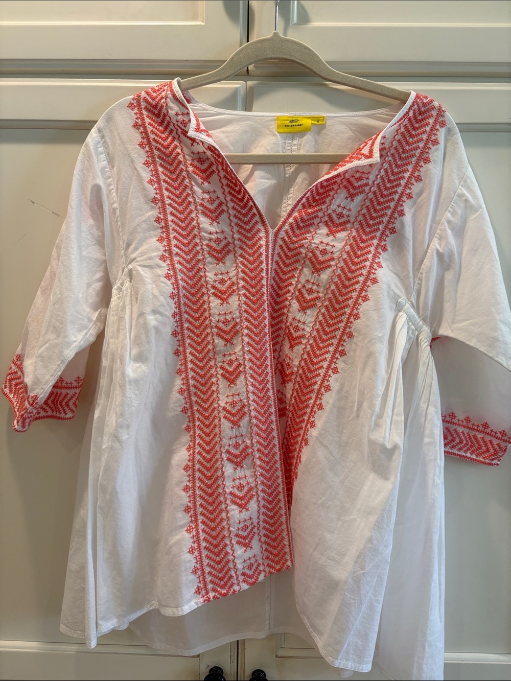 Roller Rabbit White Tunic with Coral Embroidery
